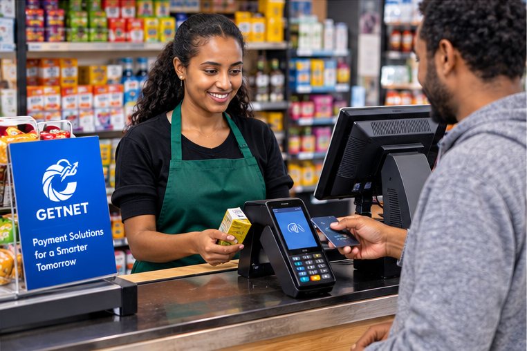 Cashier using a POS terminal at a shop counter